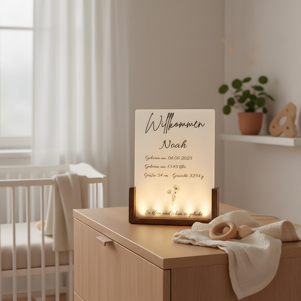 Personalisierter LED-Bilderrahmen zur Geburt – Nachtlicht mit Namen & Geburtsdaten aus Acryl und Holz, Geschenk zur Geburt and Taufe fürs Ba
