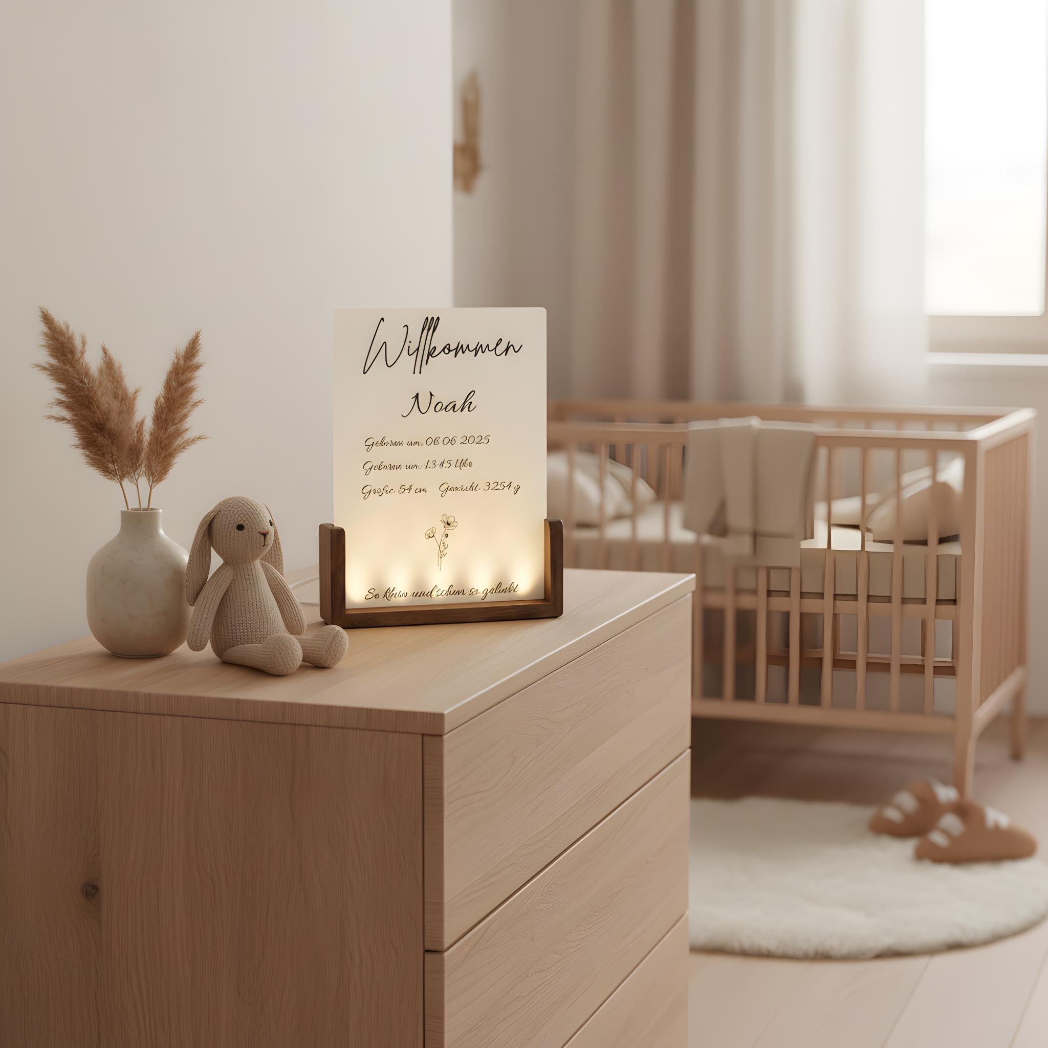 Personalisierter LED-Bilderrahmen zur Geburt – Nachtlicht mit Namen & Geburtsdaten aus Acryl und Holz, Geschenk zur Geburt and Taufe fürs Ba