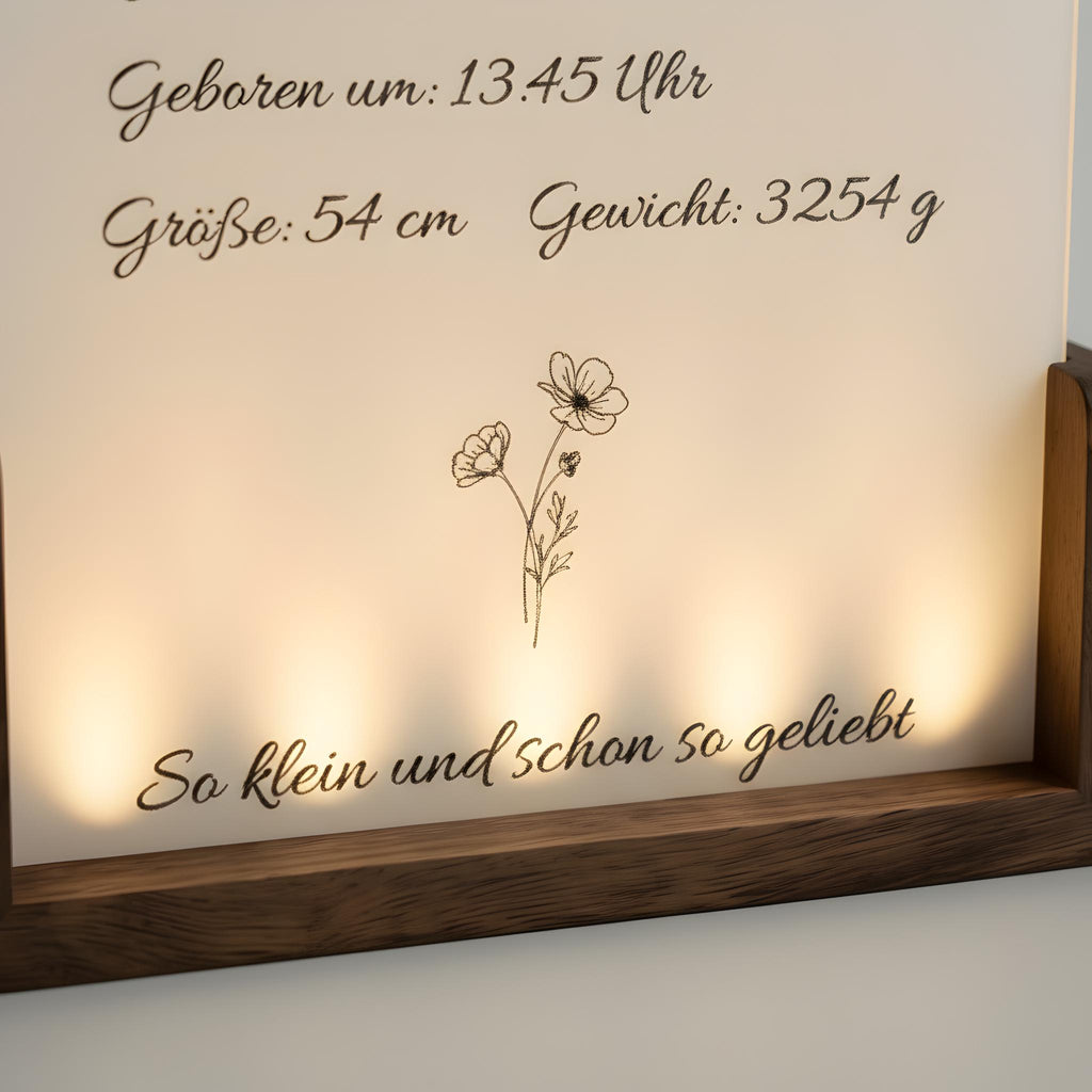 Personalisierter LED-Bilderrahmen zur Geburt – Nachtlicht mit Namen & Geburtsdaten aus Acryl und Holz, Geschenk zur Geburt and Taufe fürs Ba