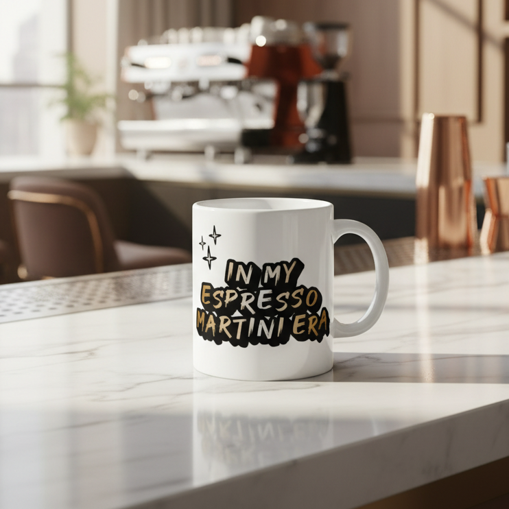 White ceramic mug by flyliving featuring "IN MY ESPRESSO MARTINI ERA" text and stars, displayed on a marble countertop.