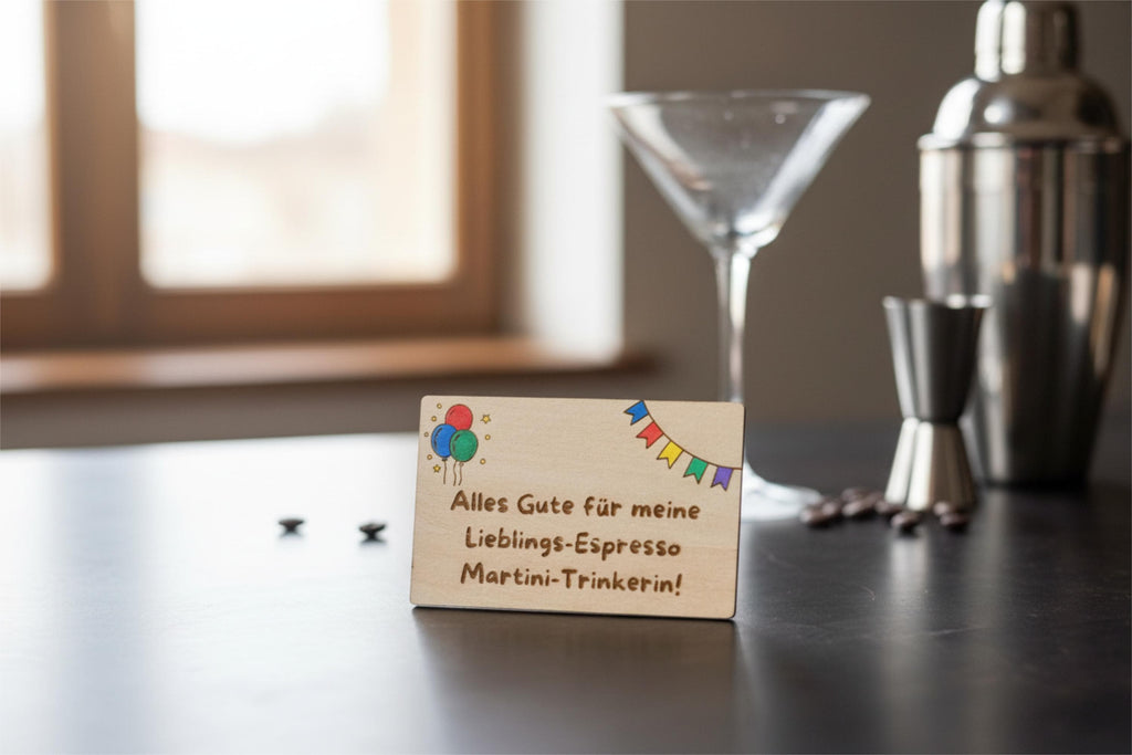Holz Geschenkkarte Espresso Martini – handbemalt, personalisierbar, Visitenkartengröße, Geschenk für Freundin oder Freund