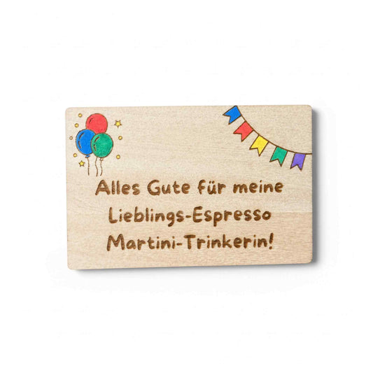 Holz Geschenkkarte Espresso Martini – handbemalt, personalisierbar, Visitenkartengröße, Geschenk für Freundin oder Freund