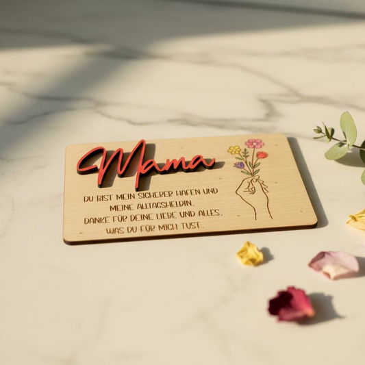Hellfarbene holz-geschenkkarte mama oma mit roter erhöhter schrift hand mit blumen und eingraviertem deutschem text