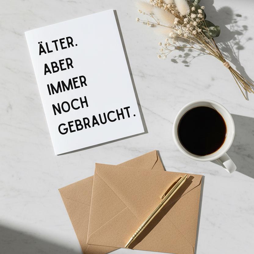 Grußkarte „Älter. Aber immer noch gebraucht.“ | DIN A6 | Humorvoll & minimalistisch