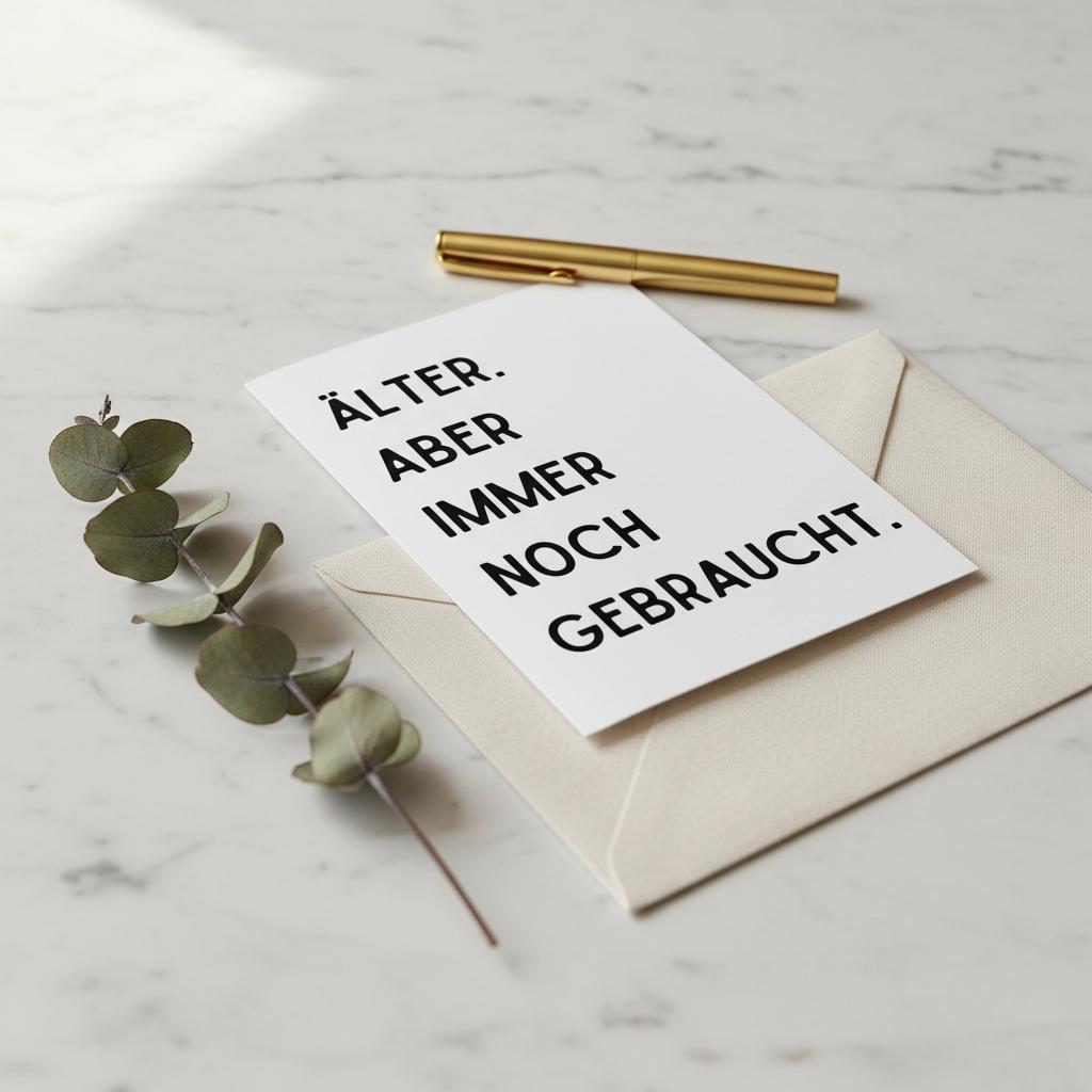 Grußkarte „Älter. Aber immer noch gebraucht.“ | DIN A6 | Humorvoll & minimalistisch