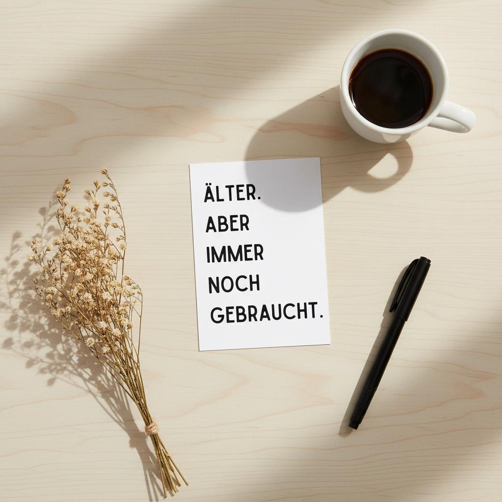 Grußkarte „Älter. Aber immer noch gebraucht.“ | DIN A6 | Humorvoll & minimalistisch