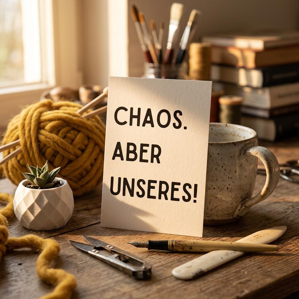 Lustige Karte „Chaos. Aber unseres!“ – witzige Spruchkarte DIN A6 inkl. Umschlag
