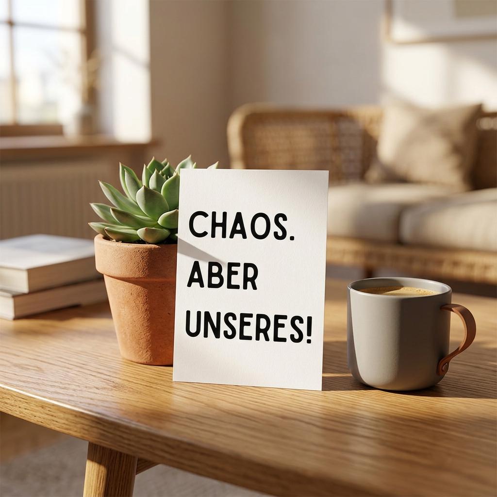 Lustige Karte „Chaos. Aber unseres!“ – witzige Spruchkarte DIN A6 inkl. Umschlag