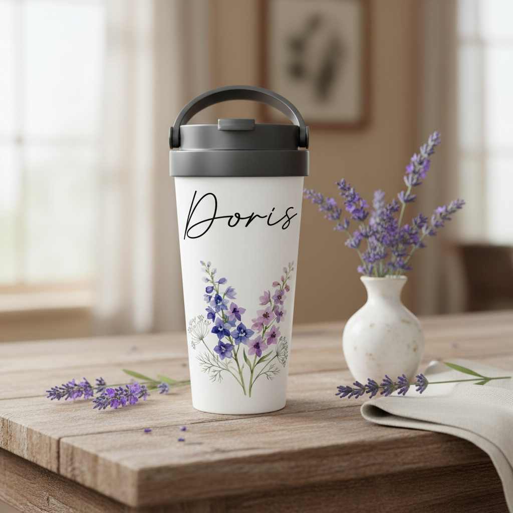 Personalisierter Thermobecher mit Blumen | mit Namen, Geschenkidee, Geburtstag, Einschulung