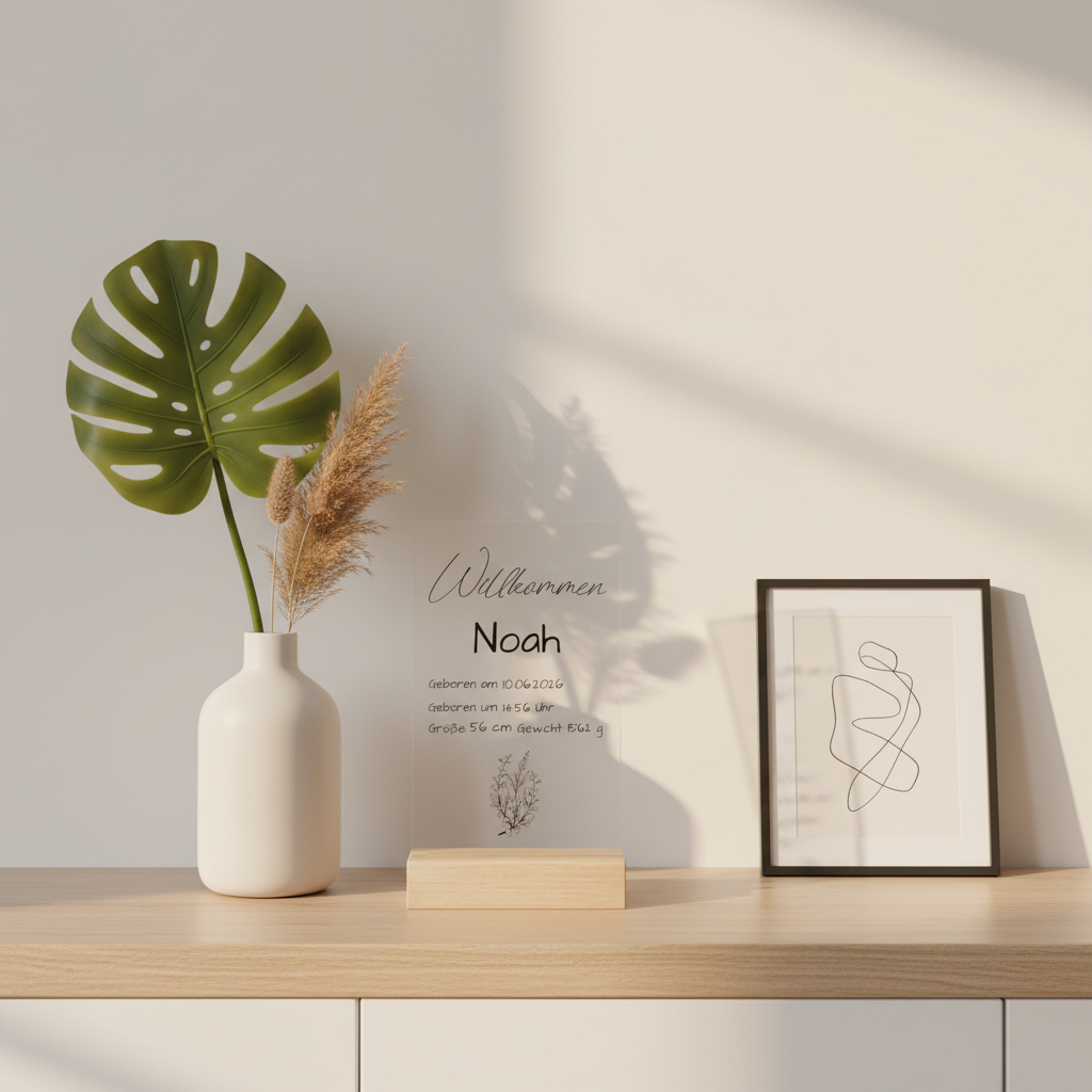 Weiße keramikvase mit grünem monstera blatt und beigem pampasgras neben einer personalisierten klaren acryl geburtstafel mit holzsockel