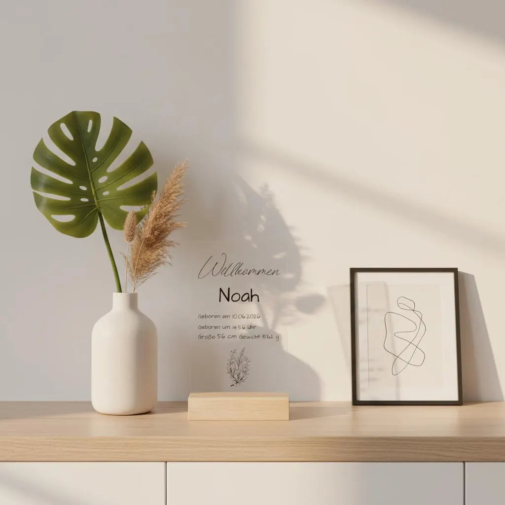 Personalisierte Acryl Tafel Geburt mit Holzsockel - Baby Daten Schild zur Geburt, Geschenk zur Babyshower, Kinderzimmer Deko