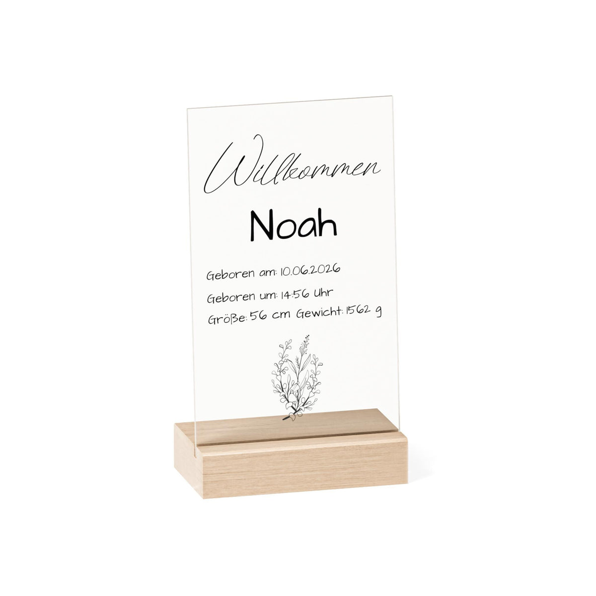 Personalisierte klare acryl tafel geburt mit schwarzer kalligraphie und drucktext auf hellem holzsockel