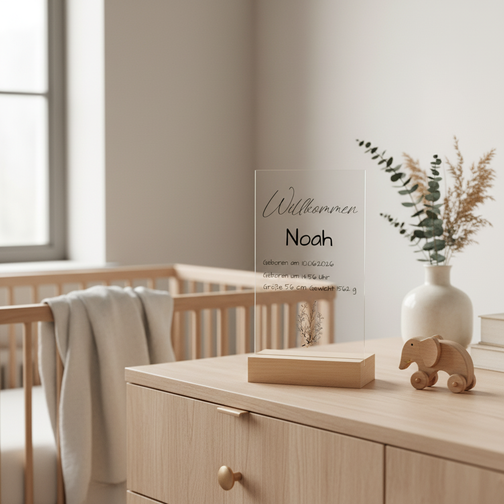 Personalisierte klare acryl tafel geburt mit schwarzem kursivtext auf hellen holzsockel als acryl aufsteller