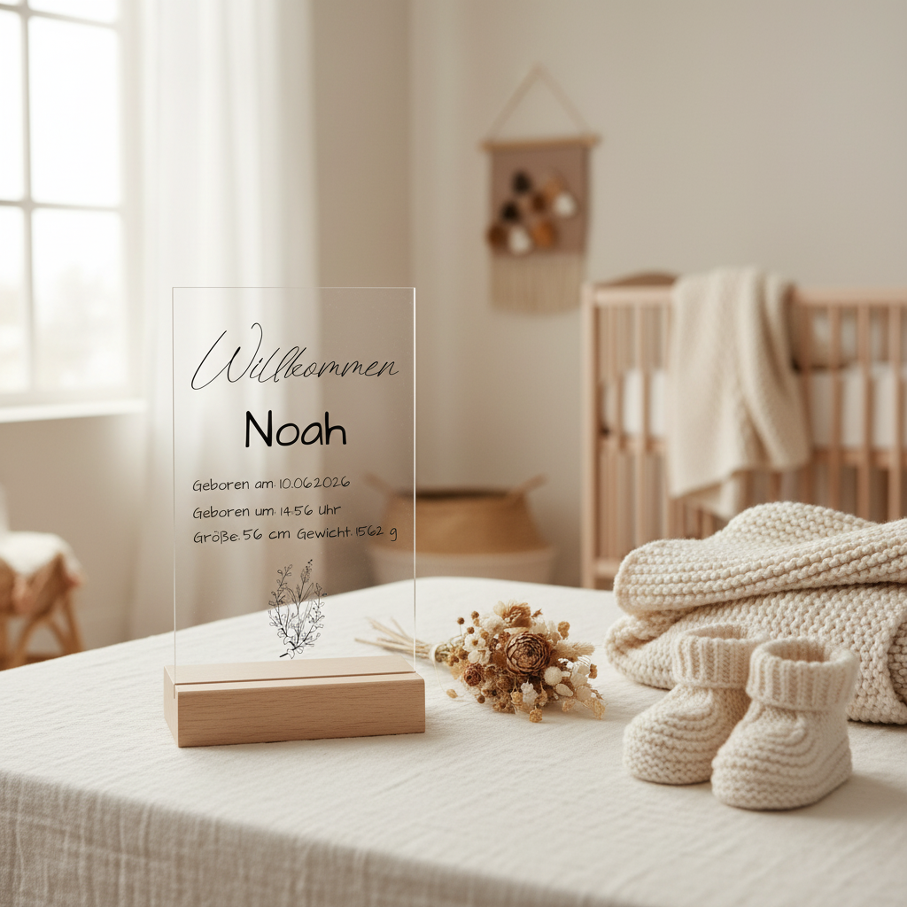 Personalisierte klare acryl tafel zur geburt mit holzsockel und graviertem deutschen text und botanischer illustration