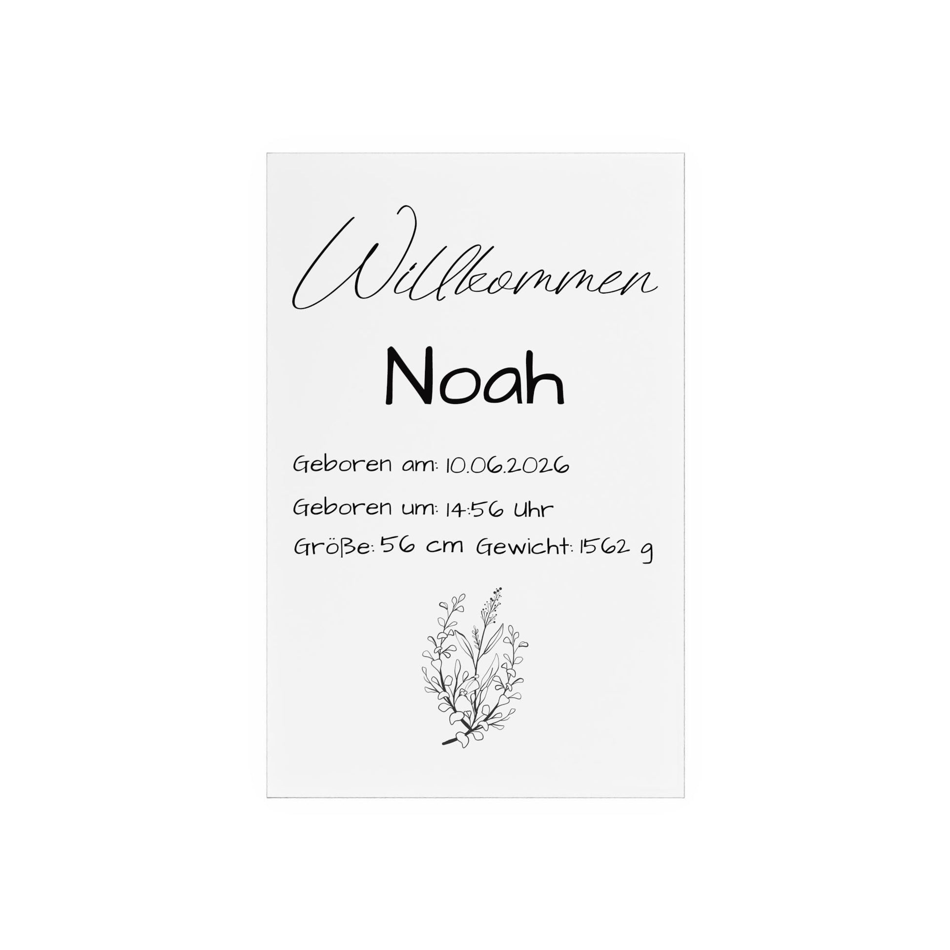 Weiße rechteckige willkommenskarten mit schwarzer kalligraphie und zierlicher zeichnung für personalisierte acryl tafel geburt