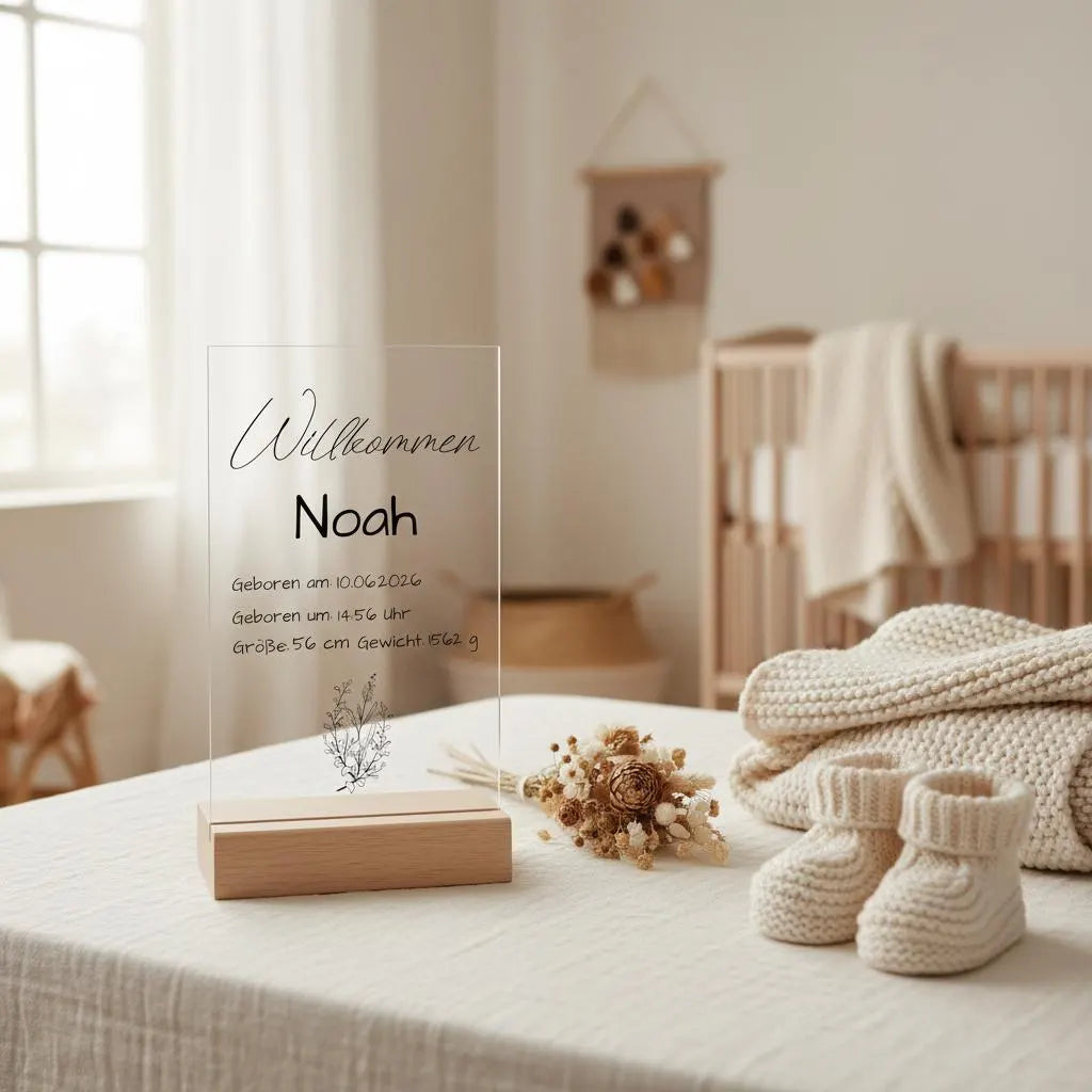 Personalisierte Acryl Tafel Geburt mit Holzsockel - Baby Daten Schild zur Geburt, Geschenk zur Babyshower, Kinderzimmer Deko
