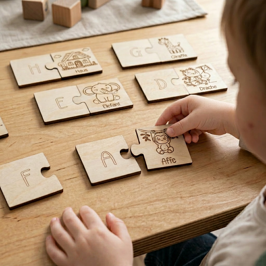 Wooden animal learning puzzle by flyliving with engraved letters and animal illustrations, being assembled by a child.