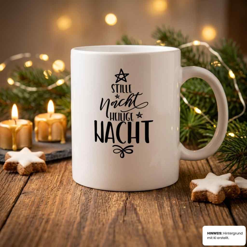 Tasse Kalligrafie-Serie Stille Nacht auf Holztisch mit Kerzen – flyliving