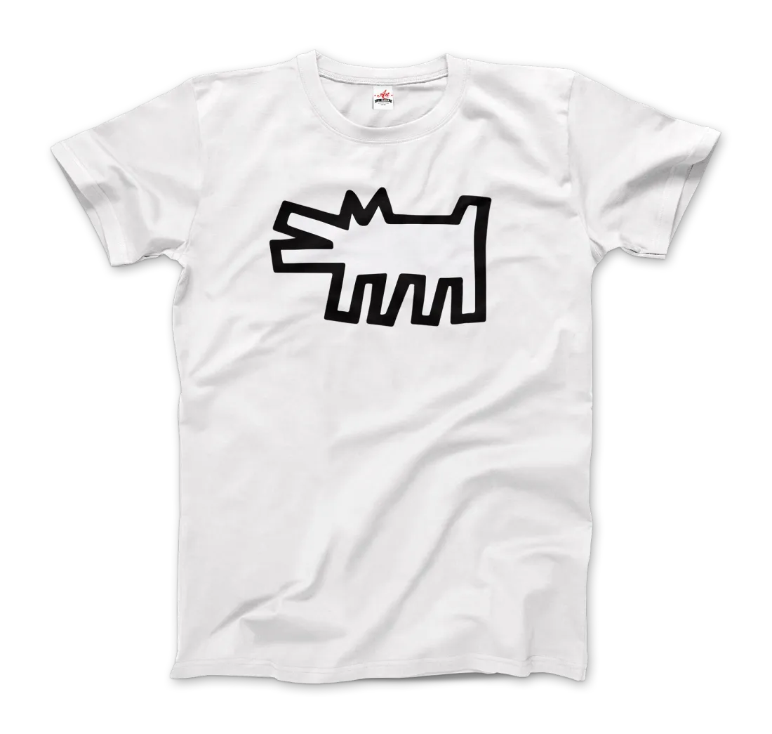 Das "T-Shirt The Barking Dog Icon, 1990" von Art-O-Rama Shop in Weiß zeigt auf der Vorderseite eine auffällige schwarze, abstrakte Cartoon-Hundegrafik - ein herausragendes Stück aus unserer Icons-Serie mit einem frischen Pop-Graffiti-Look.