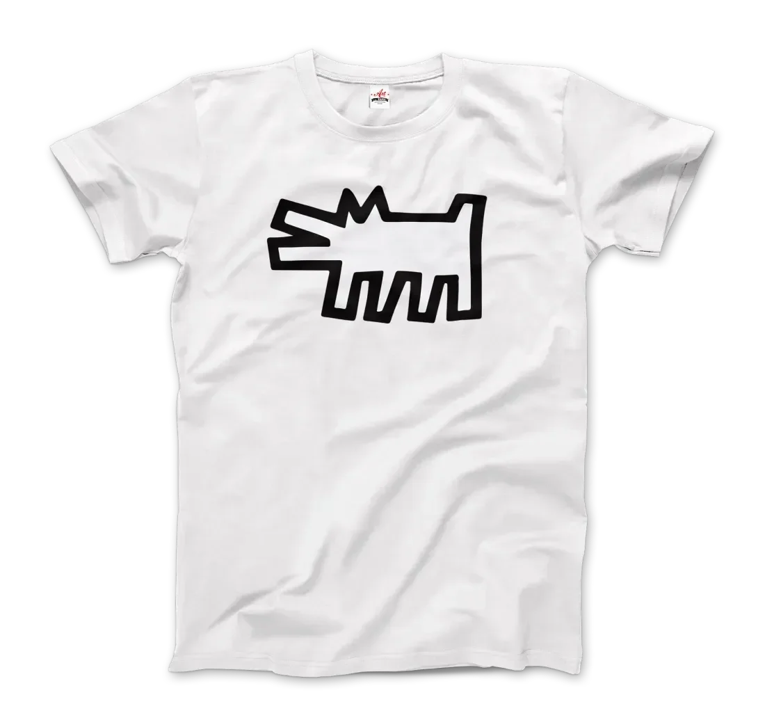 Das "T-Shirt The Barking Dog Icon, 1990" von Art-O-Rama Shop in Weiß zeigt auf der Vorderseite eine auffällige schwarze, abstrakte Cartoon-Hundegrafik - ein herausragendes Stück aus unserer Icons-Serie mit einem frischen Pop-Graffiti-Look.