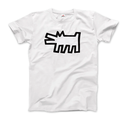 T-Shirt The Barking Dog Icon, 1990 von Art-O-Rama Shop: Auf der Vorderseite befindet sich eine abstrakte schwarze Strichzeichnung eines stacheligen Hundes im Street-Art-Stil, zentriert auf einem schwarzen Hintergrund. Teil der Icons Serie.