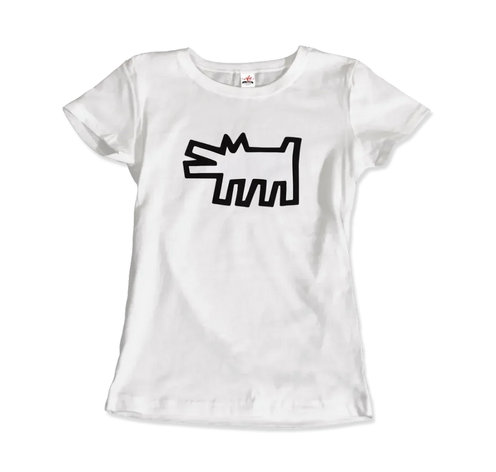 Das Art-O-Rama Shop T-Shirt "The Barking Dog Icon, 1990" zeigt eine fette, schwarze, abstrakte Cartoon-Hundegrafik auf der Vorderseite eines weißen Shirts.