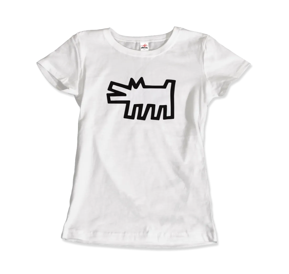 Das Art-O-Rama Shop T-Shirt "The Barking Dog Icon, 1990" zeigt eine fette, schwarze, abstrakte Cartoon-Hundegrafik auf der Vorderseite eines weißen Shirts.