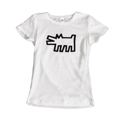 Weißes T-Shirt "The Barking Dog Icon, 1990" von Art-O-Rama Shop mit auffälligem schwarzen Cartoon-Hund im Street-Art-Stil aus der Icons Series.