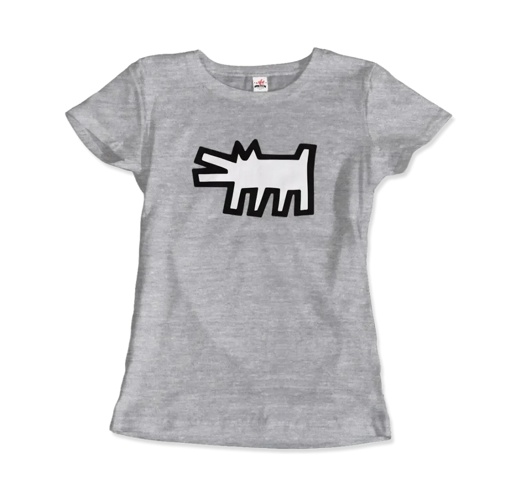 Das Art-O-Rama Shop T-Shirt "The Barking Dog Icon, 1990" ist hellgrau und zeigt auf der Brust einen fetten schwarzen Umriss eines stilisierten Hundes, inspiriert vom Street Art Stil.