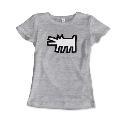 Das Art-O-Rama Shop T-Shirt "The Barking Dog Icon, 1990" ist hellgrau und zeigt auf der Brust einen fetten schwarzen Umriss eines stilisierten Hundes, inspiriert vom Street Art Stil.