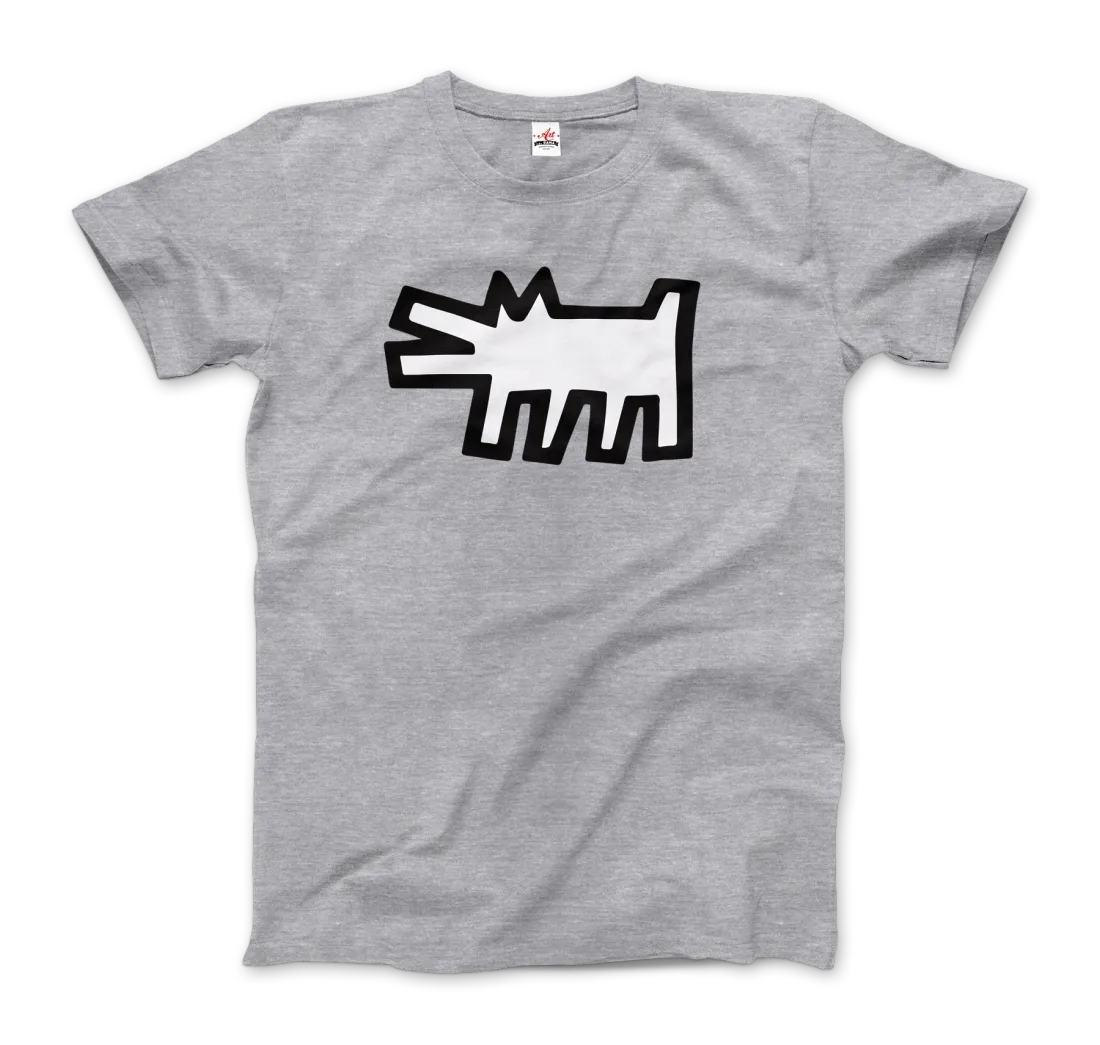 Das Barking Dog Icon, 1990 T-Shirt von Art-O-Rama Shop in hellgrau zeigt eine auffällige, schwarz umrandete Cartoon-Hundegrafik in Weiß, die auf der Vorderseite zentriert ist und für einen auffälligen Street-Art-Appeal sorgt.
