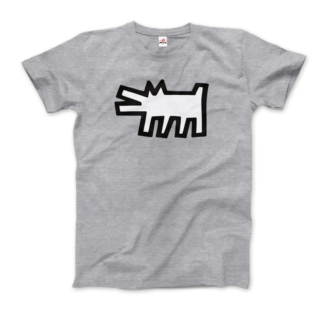 Das Barking Dog Icon, 1990 T-Shirt von Art-O-Rama Shop in hellgrau zeigt eine auffällige, schwarz umrandete Cartoon-Hundegrafik in Weiß, die auf der Vorderseite zentriert ist und für einen auffälligen Street-Art-Appeal sorgt.