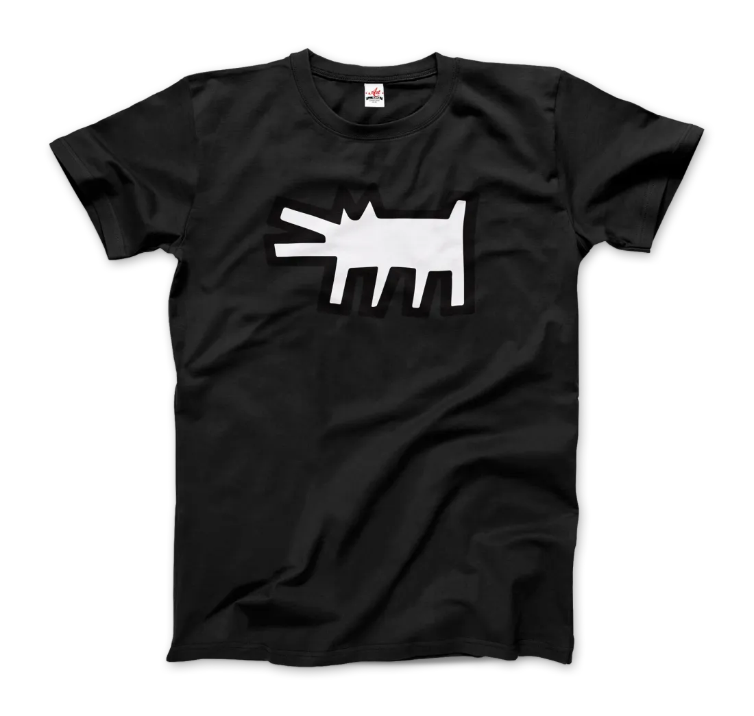 Das Art-O-Rama Shop T-Shirt "The Barking Dog Icon, 1990" in Schwarz zeigt in der Mitte eine fette, weiße Hundegrafik im Cartoon-Stil, die ihm eine markante Street-Art-Ästhetik verleiht.