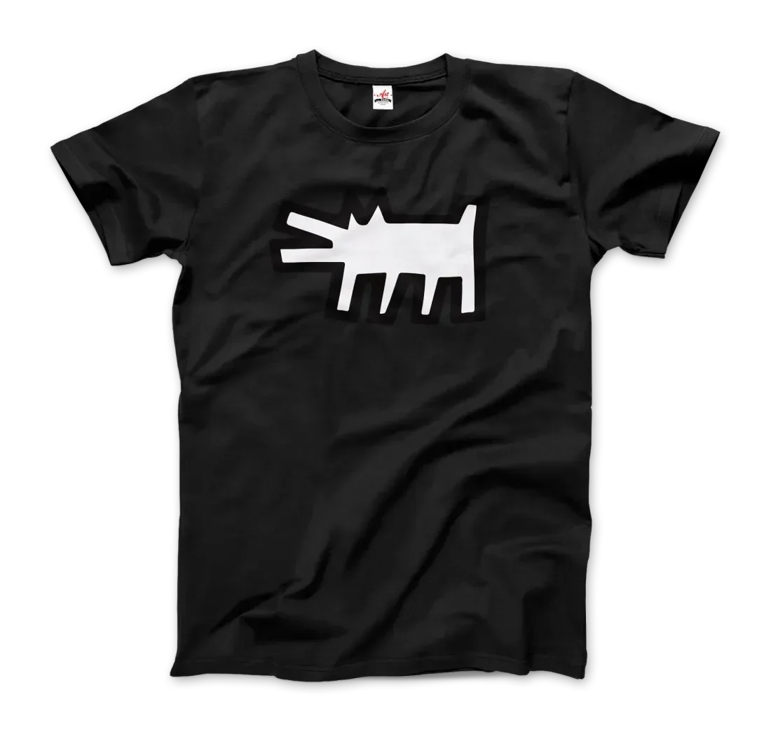 Das Art-O-Rama Shop T-Shirt "The Barking Dog Icon, 1990" in Schwarz zeigt in der Mitte eine fette, weiße Hundegrafik im Cartoon-Stil, die ihm eine markante Street-Art-Ästhetik verleiht.
