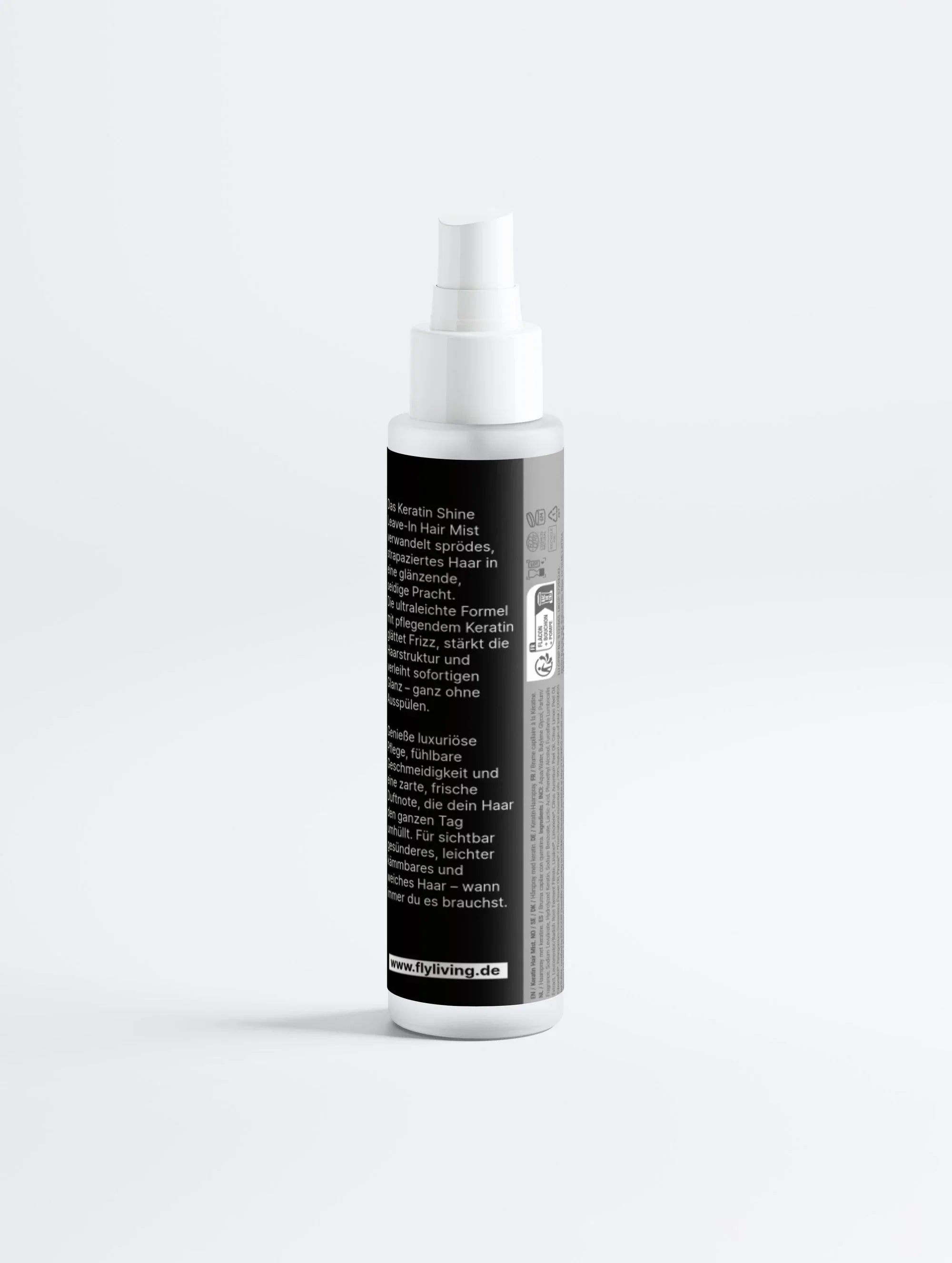 Keratin Shine Leave-In Hair Mist von flycare, in weißer Sprühflasche, mit Produktinformationen auf der Vorderseite.
