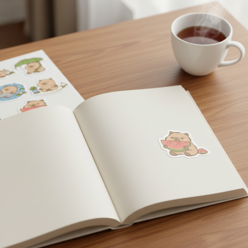 Beiger glänzender capybara sticker mit pink-grünem wassermelonen design für laptop und co