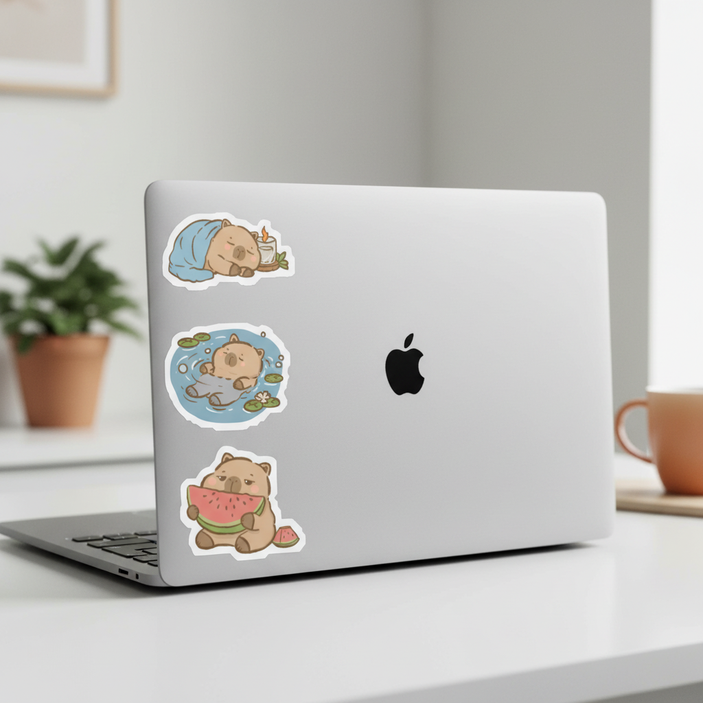 Silberner laptop mit drei niedlichen braunen wombat cartoon stickers aus dem glänzende capybara sticker 5er set