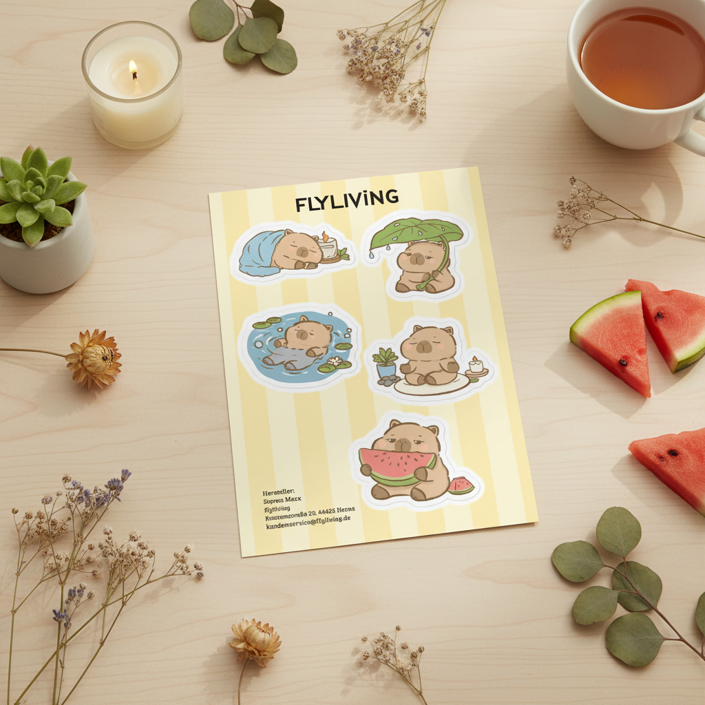 Glänzende capybara sticker mit gelben streifen und niedlichen cartoon wombat motiven für laptop und co