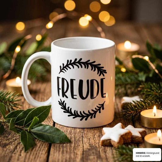 Tasse Kranz-Serie Freude auf Holztisch mit Lorbeer und Kerzen – flyliving