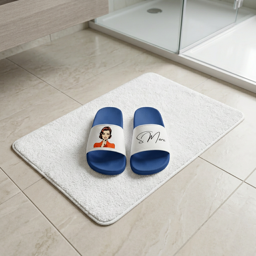 Blue and white slide slippers by flyliving, one with a retro comic woman and the other with "S. Marx" signature, on a white bath mat.