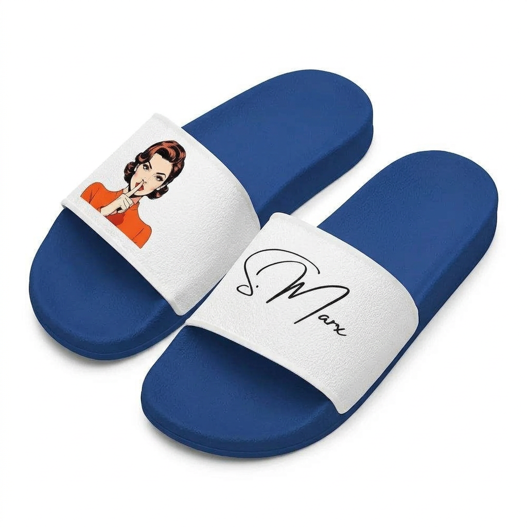 Royal blue and white slides by flyliving, one with a shushing comic woman and the other with 'S. Marx' signature.