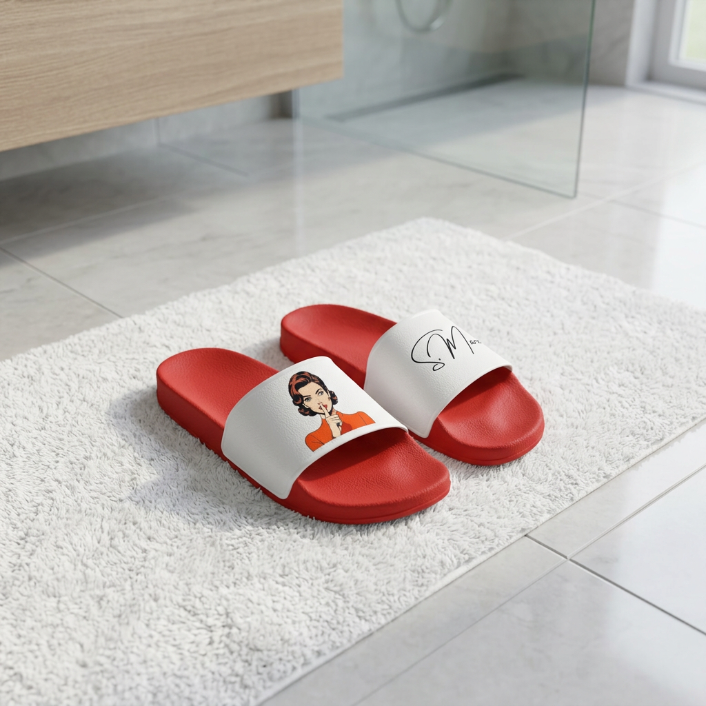 Red and white comic motif slippers by flyliving, with a retro woman and an "SM" monogram, on a white bath mat.