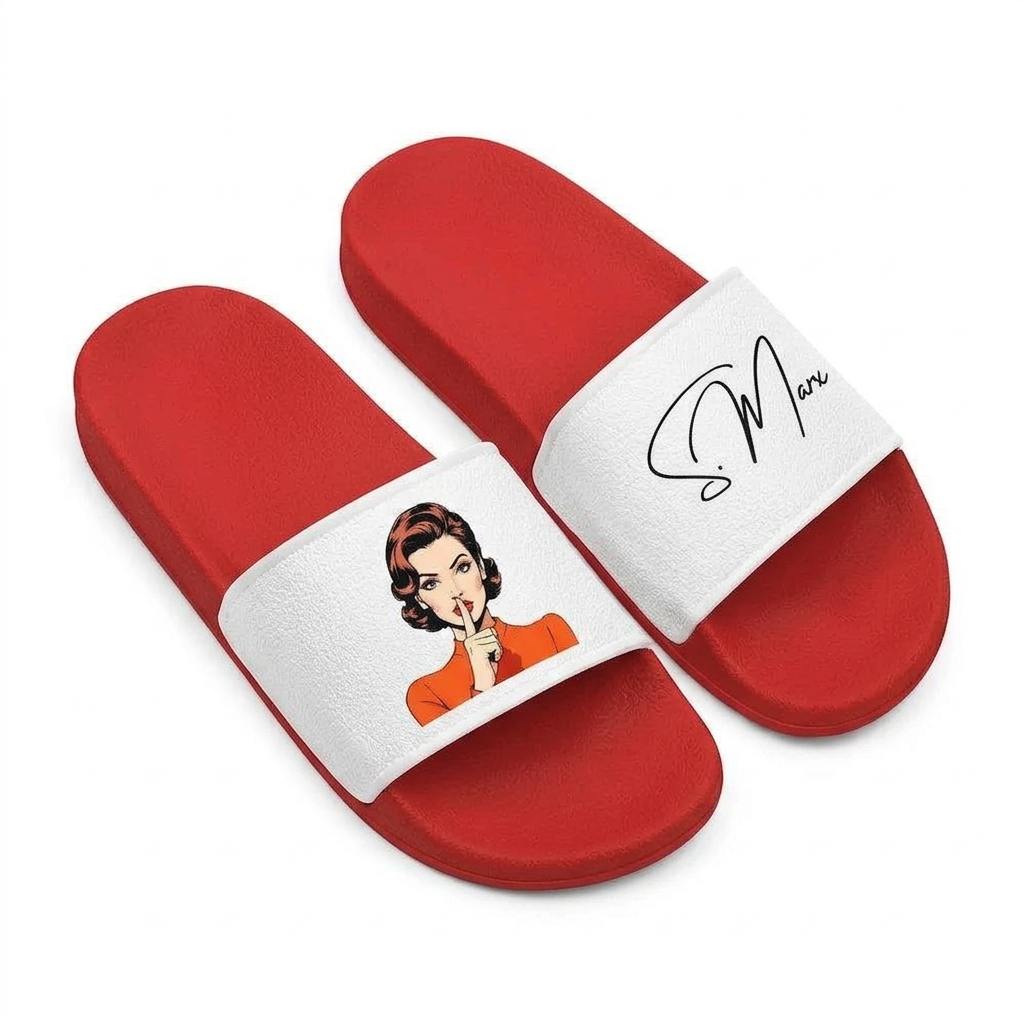 Red and white slippers by flyliving, one with a retro comic woman making a "shhh" gesture, the other with a black signature.
