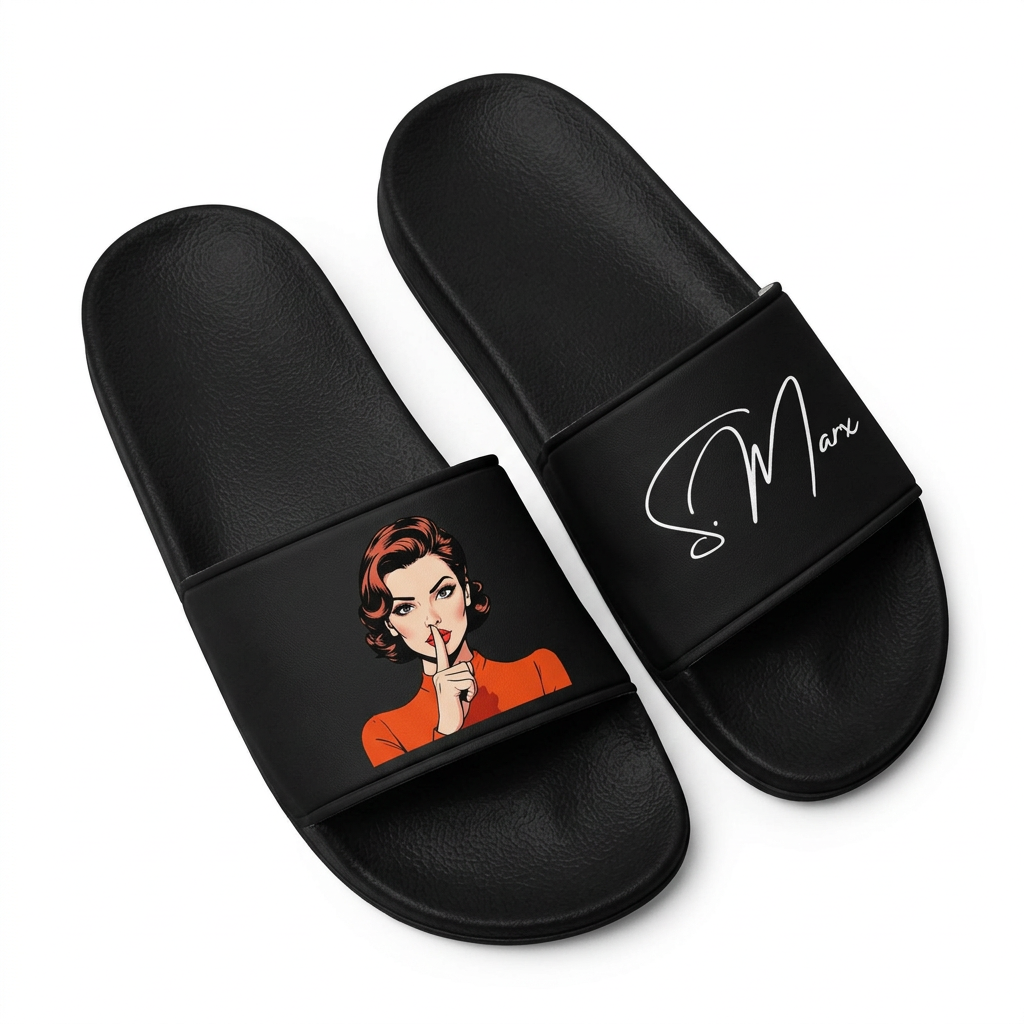Black slippers by flyliving, one with a pop-art woman shushing and the other with "S. Marx" script.