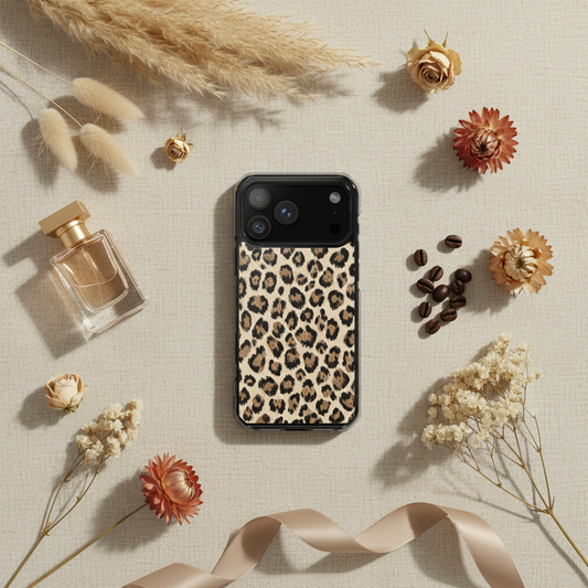 MagSafe-hülle Savanna Leo zeigt rückseite mit zweischichtiger iPhone-hülle im leopardprint und schwarzem rahmen