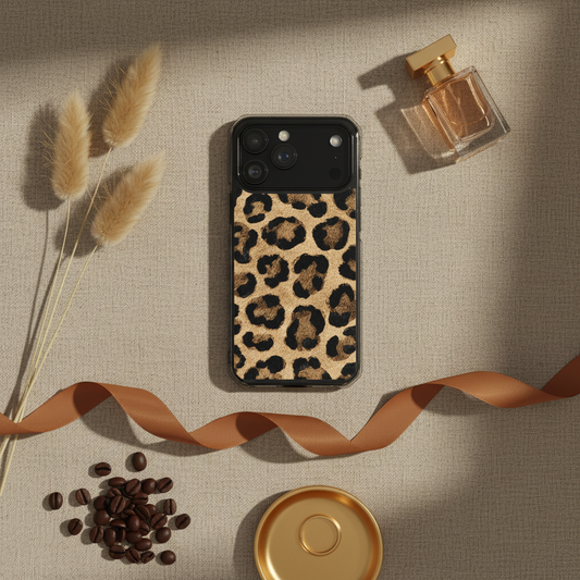 Rückseite einer magSafe Hülle amber prowl mit zweischichtigem leo print in schwarz und beige für iPhone