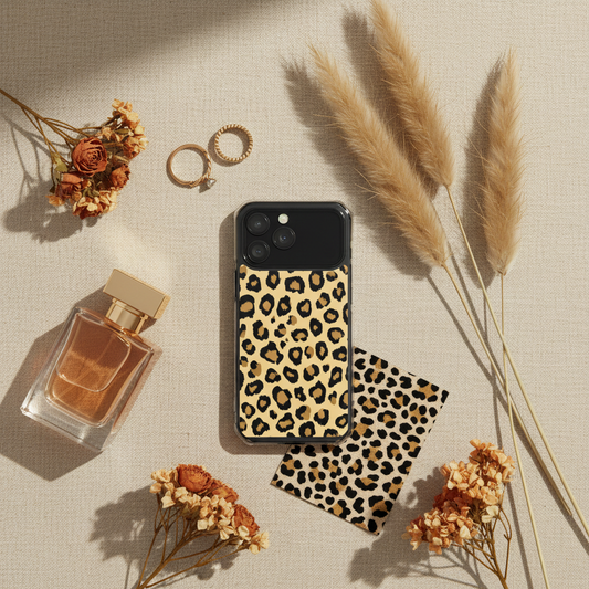 Leopard-print magSafe hülle night safari zeigt die rückseite der zweischichtigen iphone-hülle mit leo-print