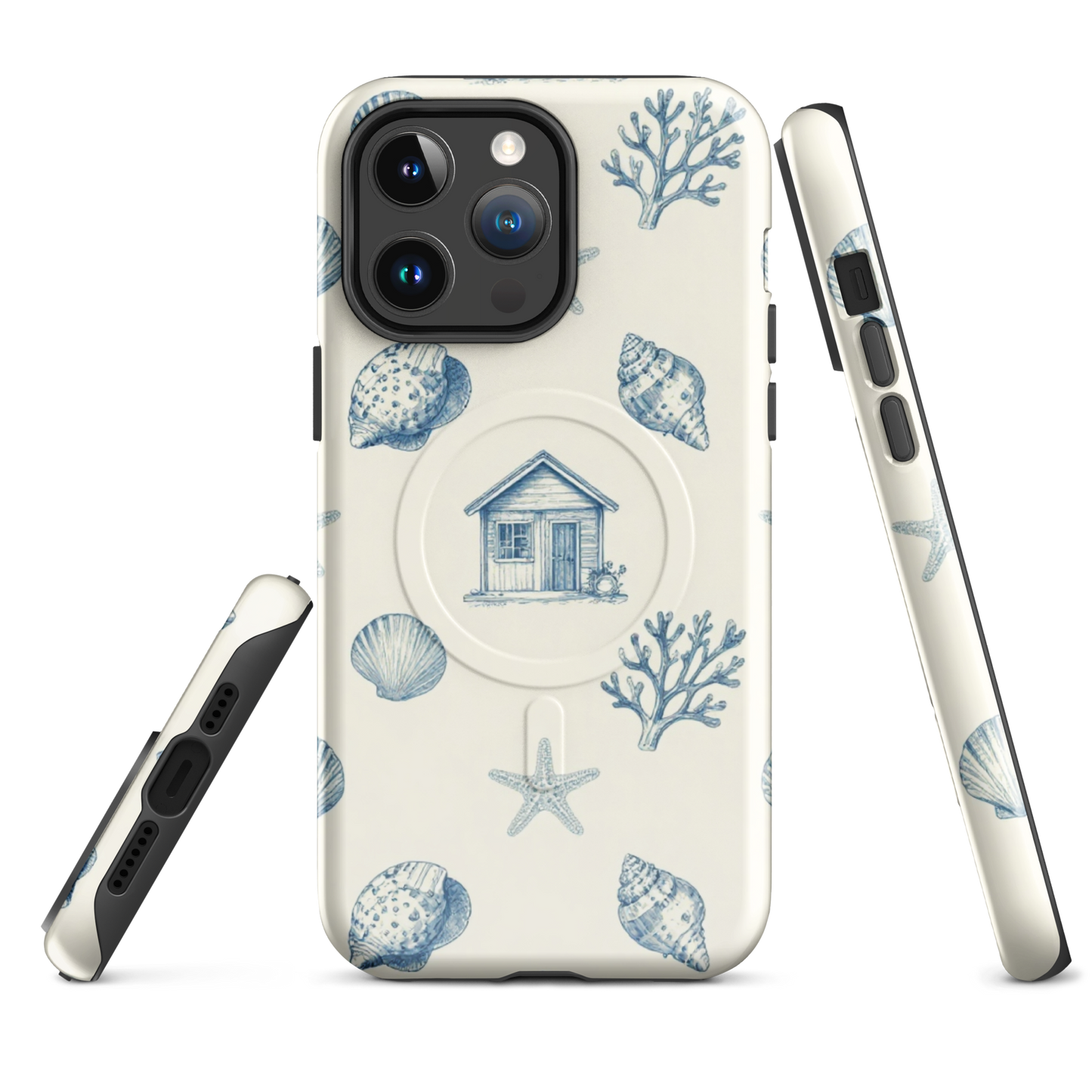 MagSafe®-Hülle „Küstenäuschen“ | Zweischichtige iPhone-Hülle mit Muschel- & Strandhaus-Print