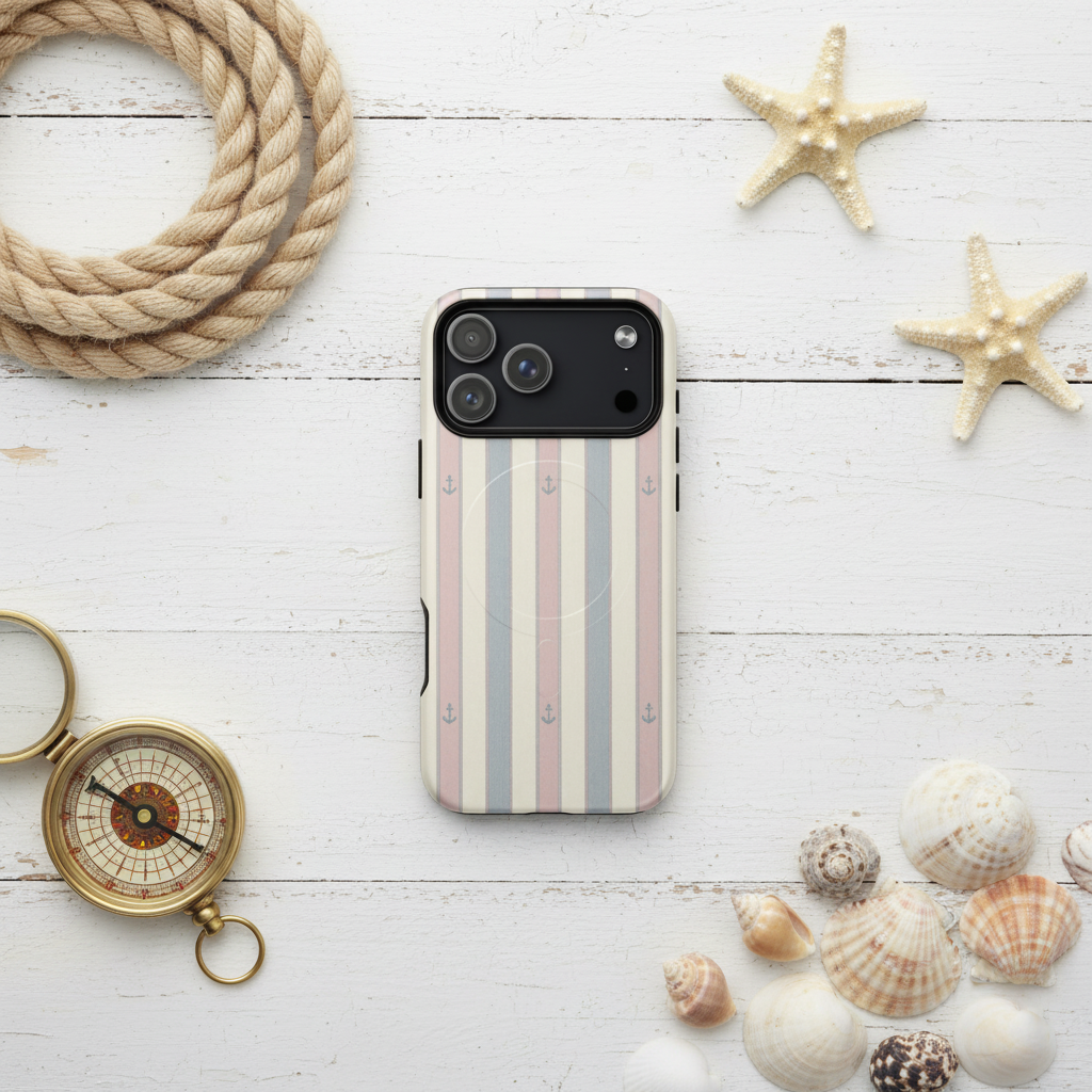 Pastellgestreifte magsafe hülle maritime streifen mit anker-prints auf der rückseite für iphone in rosa, grau und creme