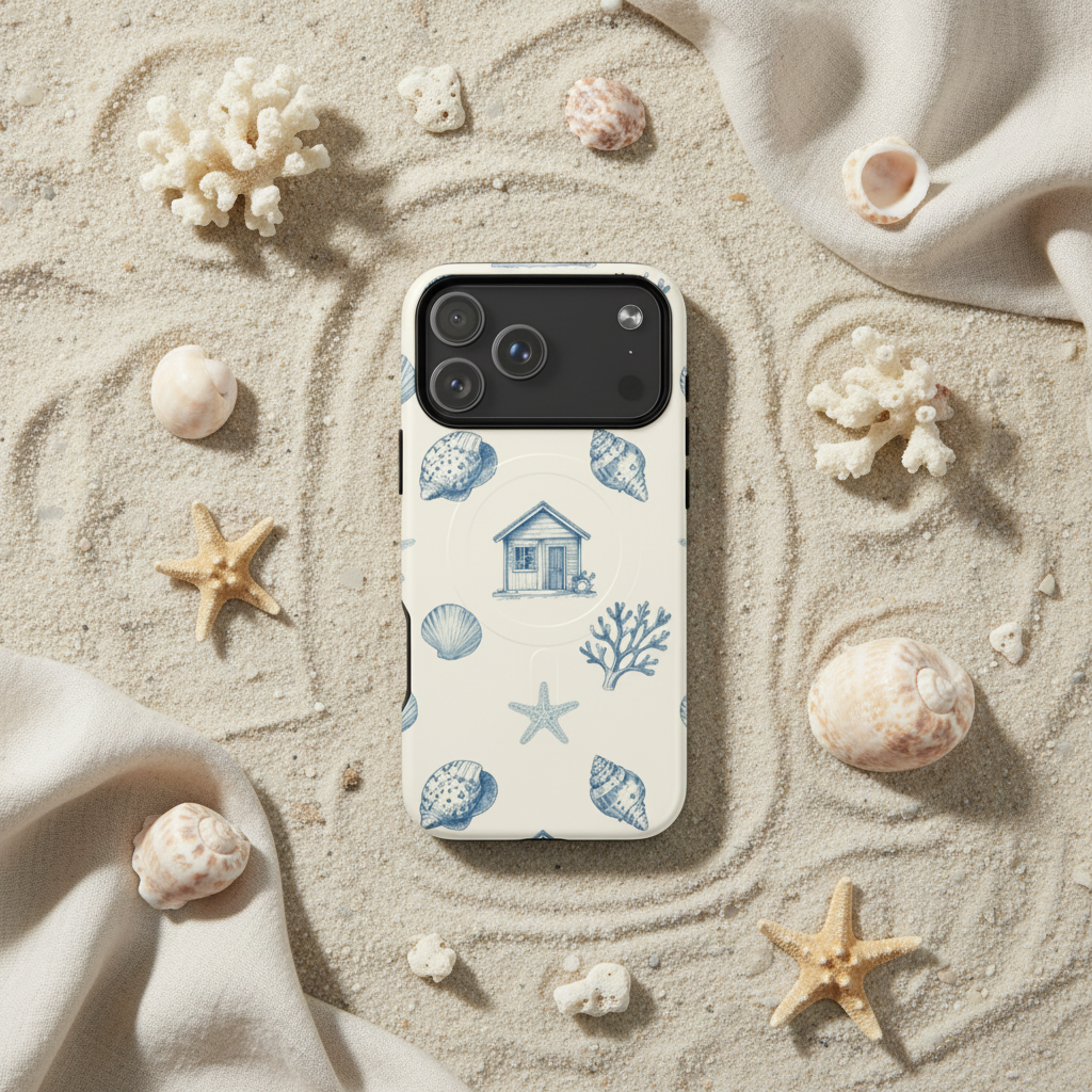 MagSafe Hülle Küstenäuschen weiße zweischichtige iPhone Hülle mit blauem muschel und strandhaus design rückseite